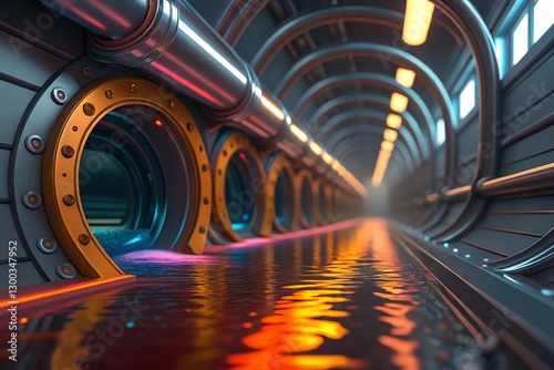 Futuristic tunnel with vibrant lights and reflections in water.