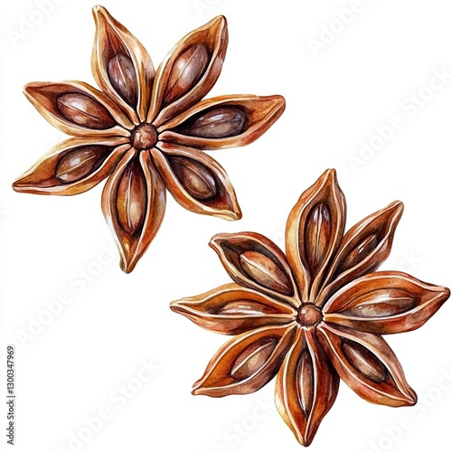 Fototapeta Naklejka Na Ścianę i Meble -  Two Star Anise seeds watercolor botanical illustration. Badian with delicate spicy aroma. Winter seasoning for decoration of menu, spice stores, Christmas  