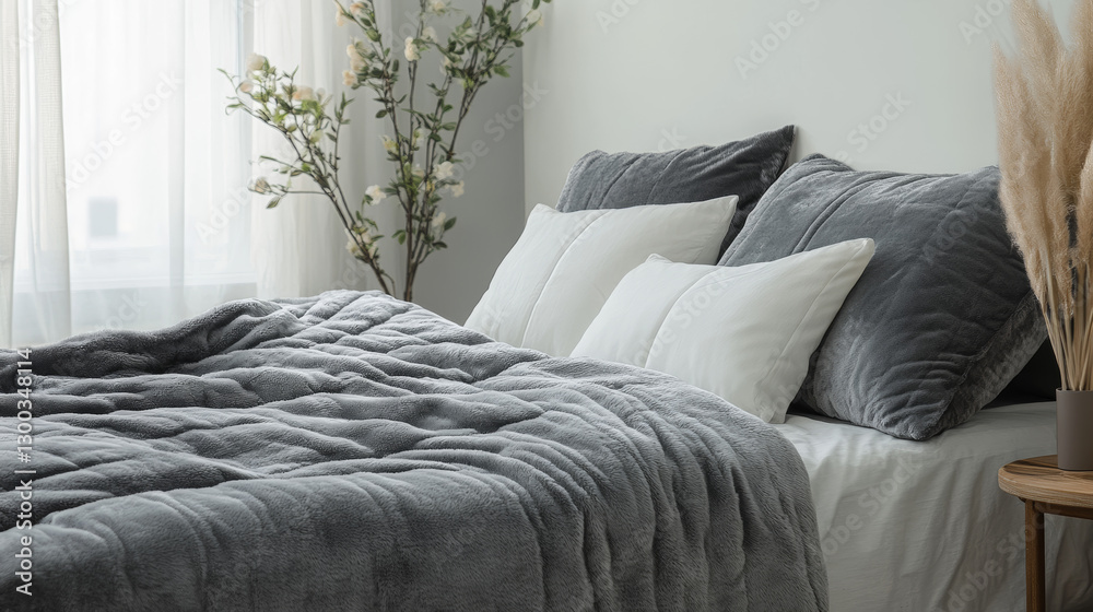Obraz premium Comfort and Relaxation Weighted Blanket: A weighted blanket on the bed can promote relaxation and better sleep. 