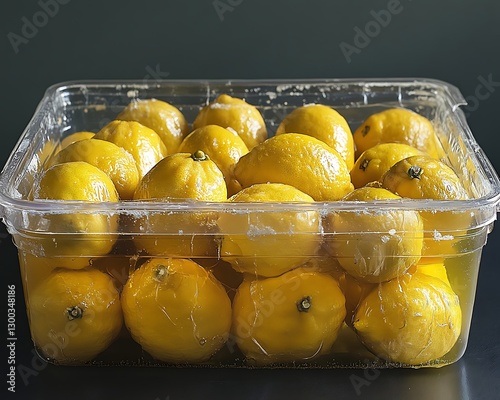 Lemons packed in container on dark surface