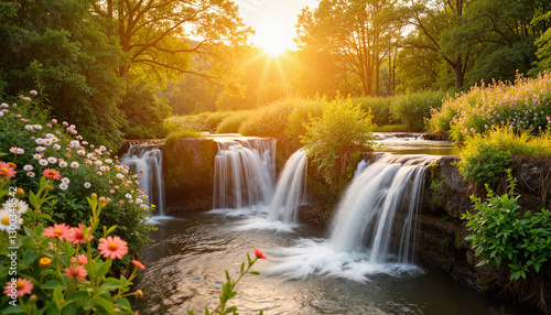 Serene waterfall cascading through wildflowers at golden hour, luxury travel