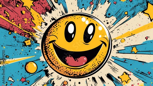 Vibrant Smiley Face with Energetic Burst of Colorful Background
