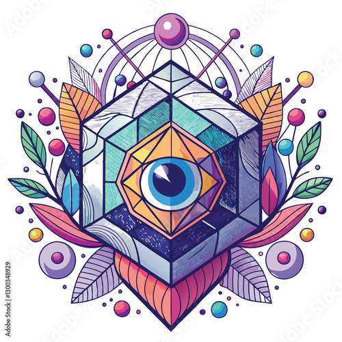 Surreal artwork depicting a levitating cube, its center featuring a single, realistic human eye.  Intricate detail, vibrant colors.