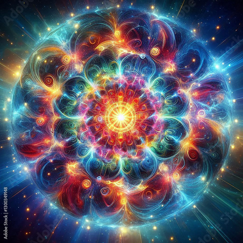 Cosmic Mandala Pulsating with Vibrant Colors, Symbolizing Universal Interconnectedness
