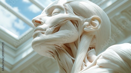 Rhomboid muscle detail during row, natural skylight, minimal composition photo