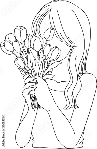 チューリップを持った女の子の線画イラスト