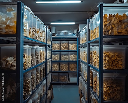 Food storage containers on shelves in a pantry