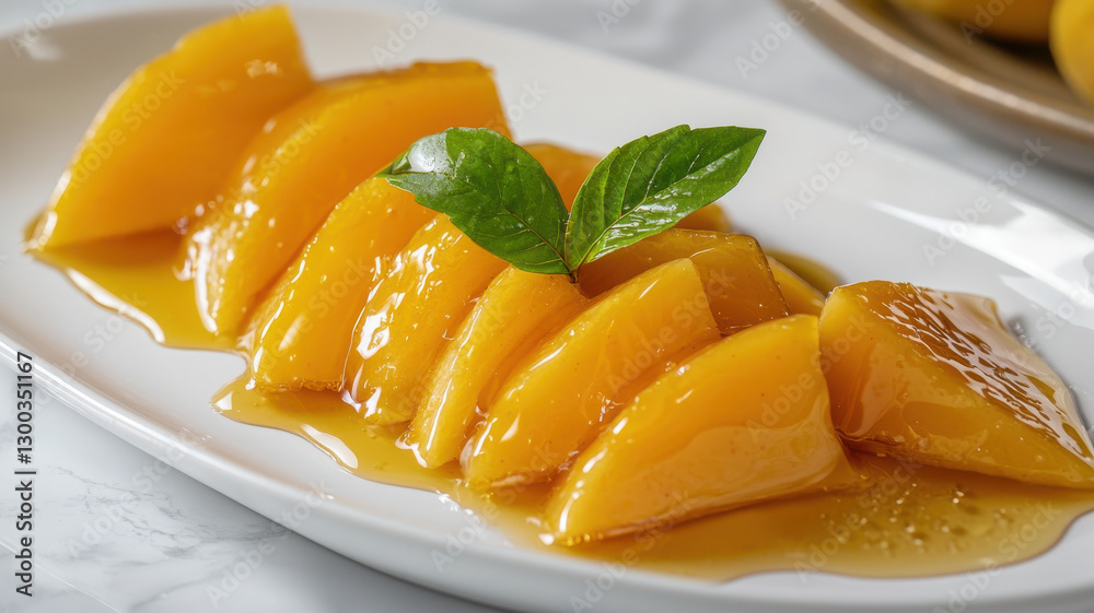 Sliced golden fruit drizzled with honey, garnished with mint leaves