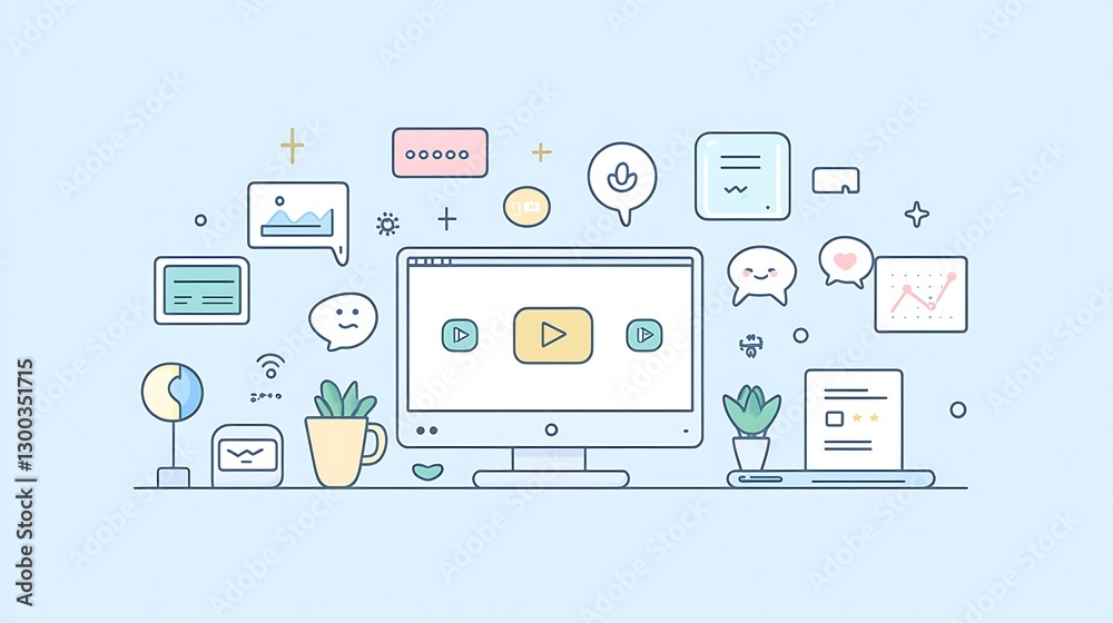 Laptop with Multimedia Icons and Plants, Illustration of a laptop with multimedia icons and plants Laptop with Multimedia Icons and Plants, Illustration of a laptop with multimedia icons and plants