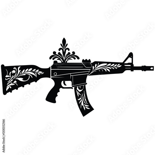 Stylized AR-15 rifle, black silhouette, ornate floral patterns, decorative stock design, intricate filigree details, contrast illustration, gothic aesthetic, weaponry art, monochrome graphic, 
