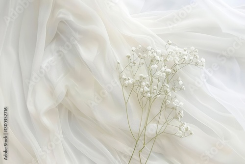 White Gypsophila flower on chiffon fabric. Wedding invitation and textile background