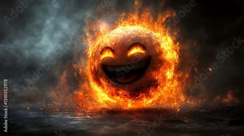 Fiery Smiling Face Ball Surrounded by Flames and Dark Smoke
