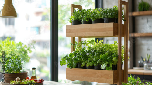 Stylish indoor vertical garden with fresh herbs and greens in pots
