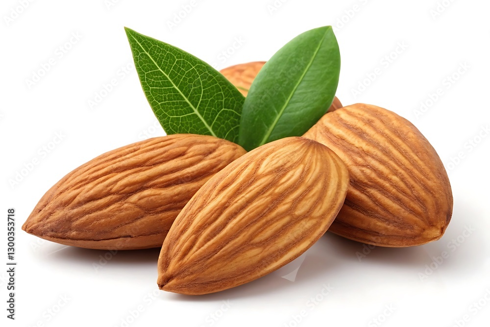 Close up of almonds with green leaves Close up of almonds with green leaves