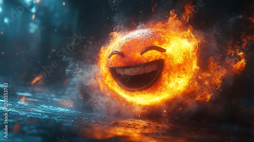Glowing Smiley Face in Flames Emitting Intense Heat on Dark Surface