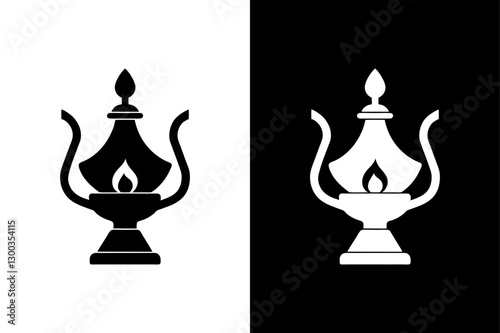 Black & White Oil Burner Lamp Icon Minimalist Silhouette Vector.