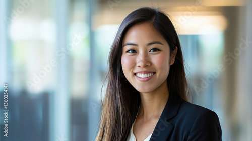 professional woman smiling confidently in modern office setting, showcasing positivity and approachability