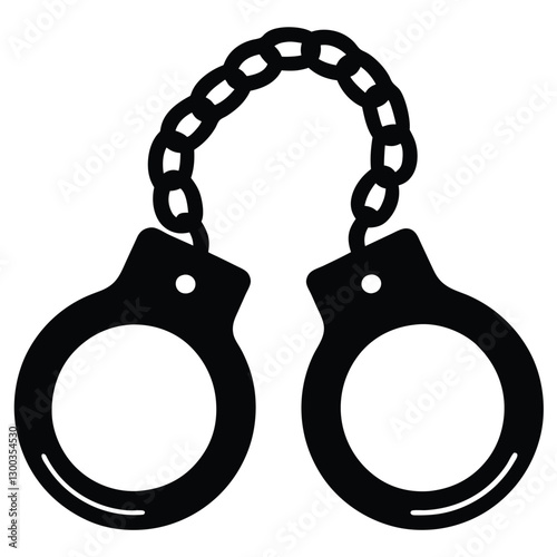 handcuffs, black and white icon, law enforcement symbol, restraints, criminal justice, police equipment, metal chain, circular cuffs, simple graphic design, minimalist illustration, security device, 