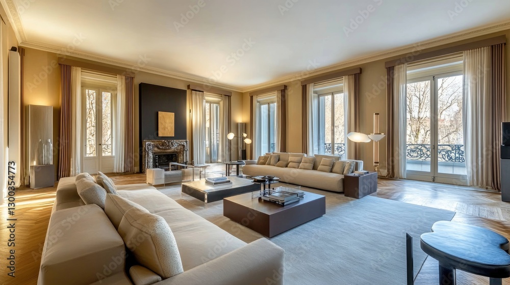 Fototapeta premium Luxurious Living Room with Beige Decor and French Doors