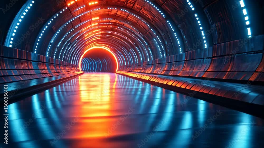 Futuristic Neon Tunnel: A Digital Journey Through Vibrant Lights and Reflective Surfaces