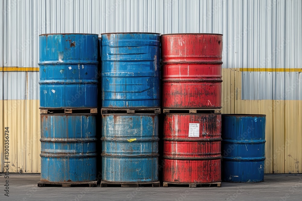 Colorful Stacked Barrels on Wooden Pallets Against a Metal Wall in an Industrial Warehouse Setting, Showcasing Blue and Red Drums with Weathered Surfaces Colorful Stacked Barrels on Wooden Pallets Against a Metal Wall in an Industrial Warehouse Setting, Showcasing Blue and Red Drums with Weathered Surfaces