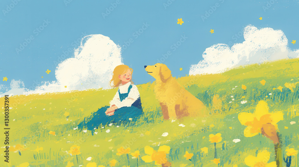 Fototapeta premium Girl and Dog in a Field of Yellow Flowers