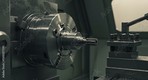 Close-up view of a lathe or machining center, showing a large metallic disc, a central metal cylinder, and a long, threaded rod extending from it
