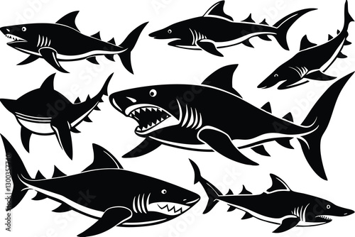 black and white shark vector silhouette bundle