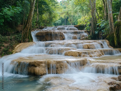 Cascading waterfall flows gracefully through a lush tropical forest