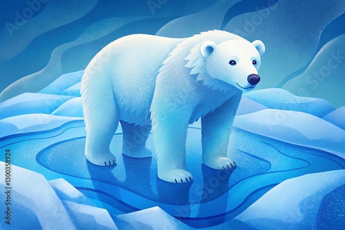 Illustration of a polar bear standing on ice in a serene arctic environment.