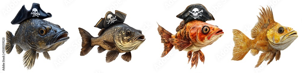 Naklejka premium Collection of various playful cute fish in pirate costumes, fun design isolated on white transparent background PNG set