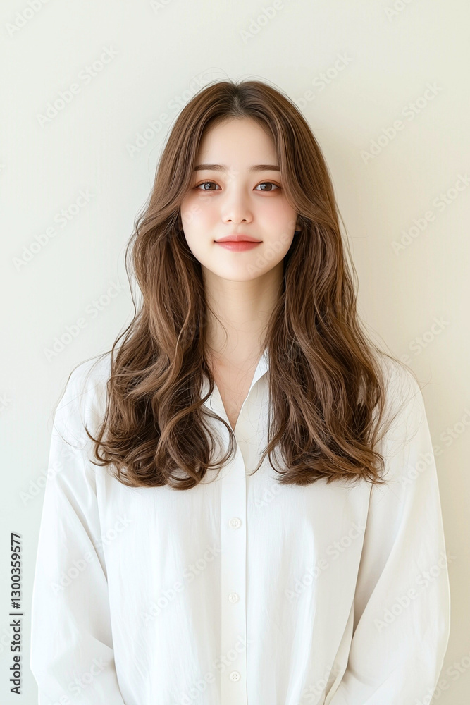 Young Woman with Long Wavy Brown Hair Wearing a White T-Shirt Young Woman with Long Wavy Brown Hair Wearing a White T-Shirt