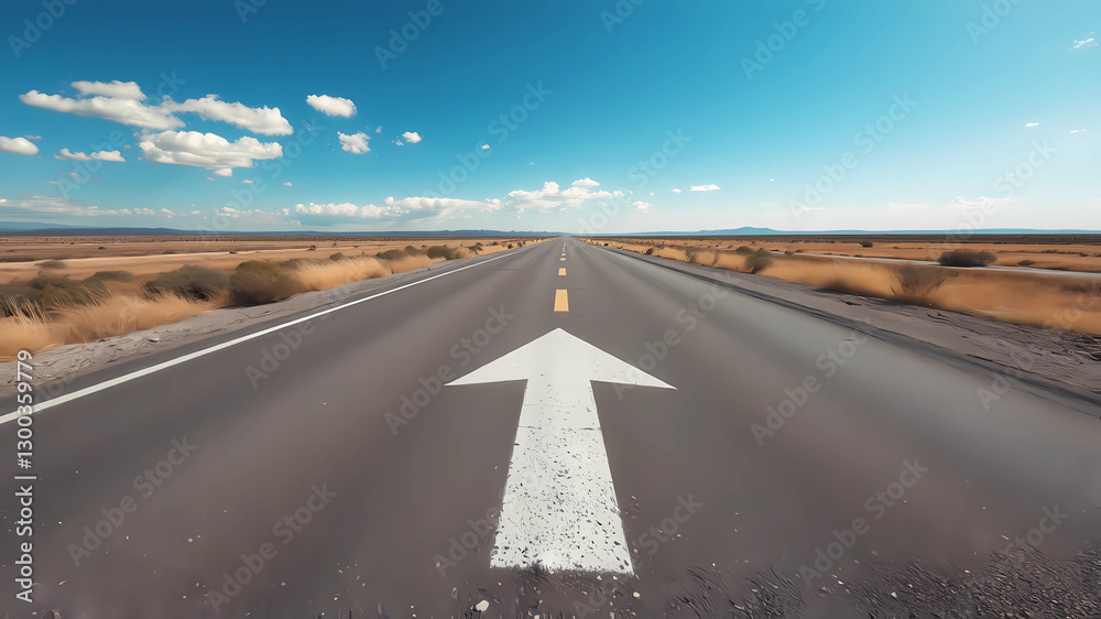 Naklejka premium a long straight road with an arrow painted on it in the middle of nowhere, with a sky background, Cao Buxing, precisionism, deep 3 point perspective, a stock photo