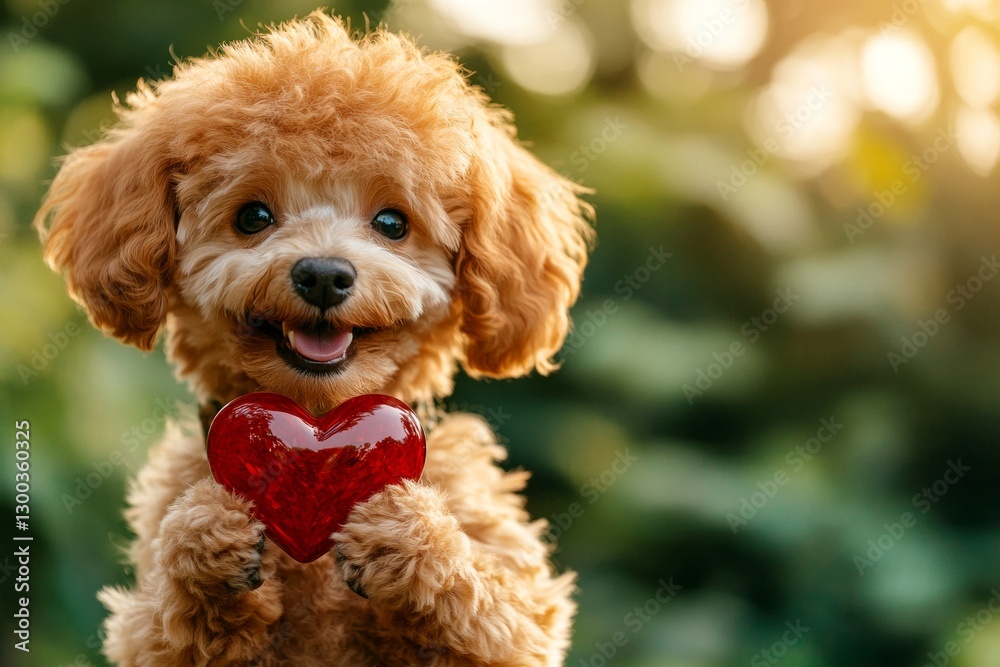 Poodle - my desired dog, symbol of friendship. Commercial companion creative. Cute poodle pooch with diamond red heart on a walk in a spring green space. Sweet puppy love moment. Romantic pet. Poodle - my desired dog, symbol of friendship. Commercial companion creative. Cute poodle pooch with diamond red heart on a walk in a spring green space. Sweet puppy love moment. Romantic pet.