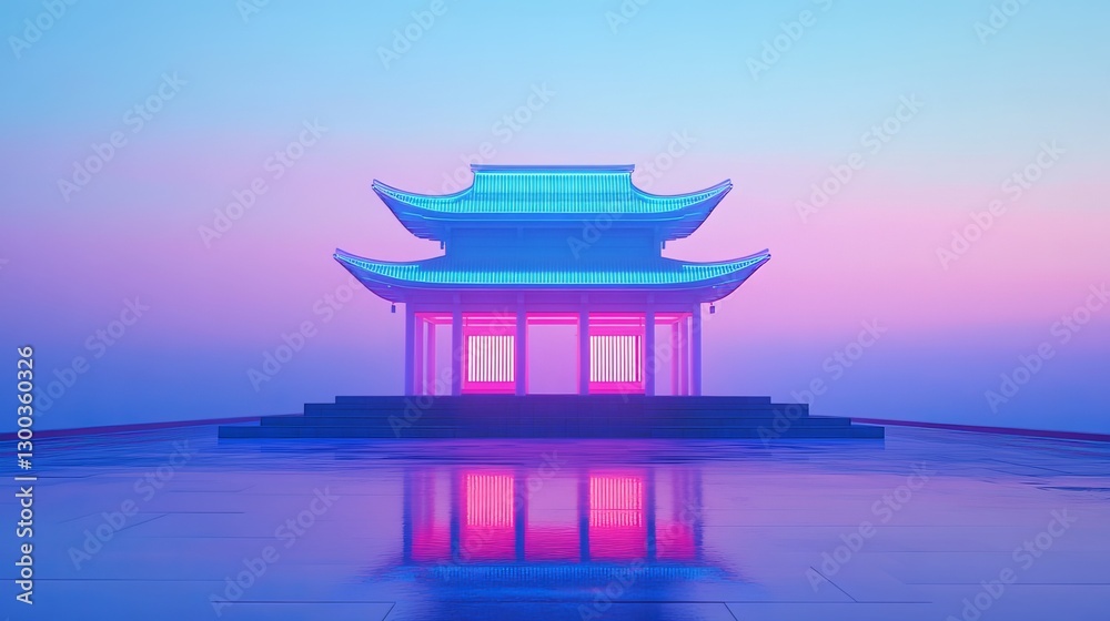 Tranquil Temple: An evocative digital rendering of a traditional pagoda, rendered in cool blue and pink hues that evokes a sense of peace, serenity, and cultural appreciation.