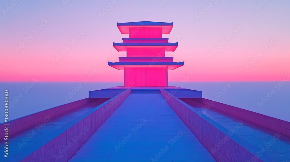 Serene Architectural Radiance: A captivating view of an Asian pagoda, illuminated by a soft, ethereal glow. This image exudes a tranquil sense of balance, harmony, and timeless beauty.