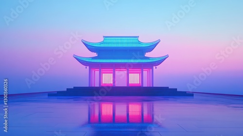 Obraz na płótnie Tranquil Temple: An evocative digital rendering of a traditional pagoda, rendered in cool blue and pink hues that evokes a sense of peace, serenity, and cultural appreciation. w salonie