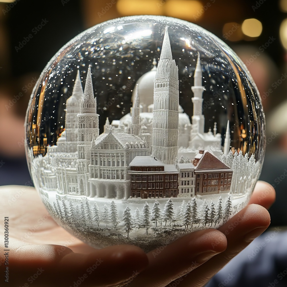 Captivating Winter Wonderland: A miniature cityscape, encapsulated within a snow globe, evoking the magic of the season. Showcasing intricate architecture amidst a flurry of shimmering snowflakes.