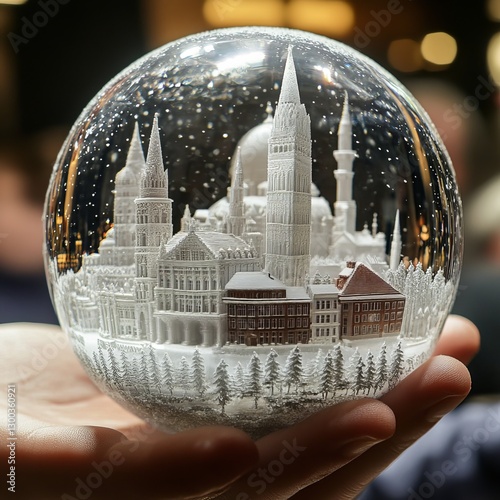 Captivating Winter Wonderland: A miniature cityscape, encapsulated within a snow globe, evoking the magic of the season. Showcasing intricate architecture amidst a flurry of shimmering snowflakes.