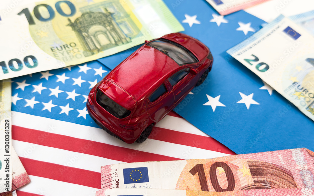 Φωτογραφία Car on the money and usa flag, finance purchase sale insurance concept