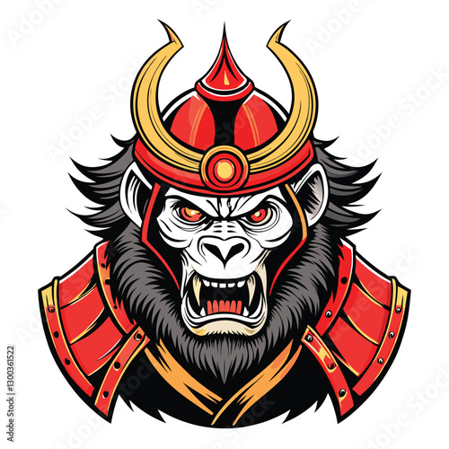 Hand-drawn illustration of a gorilla wearing a traditional Japanese samurai mask, detailed sketch, expressive, powerful pose.