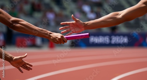 Dynamic baton exchange during relay race highlighting teamwork and competition