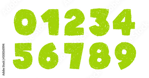 Numbers drawing in pencil or wax chalk. Hand drawn scribble kid typescript numbers. Wax crayon numbers  for kindergarten, school. 