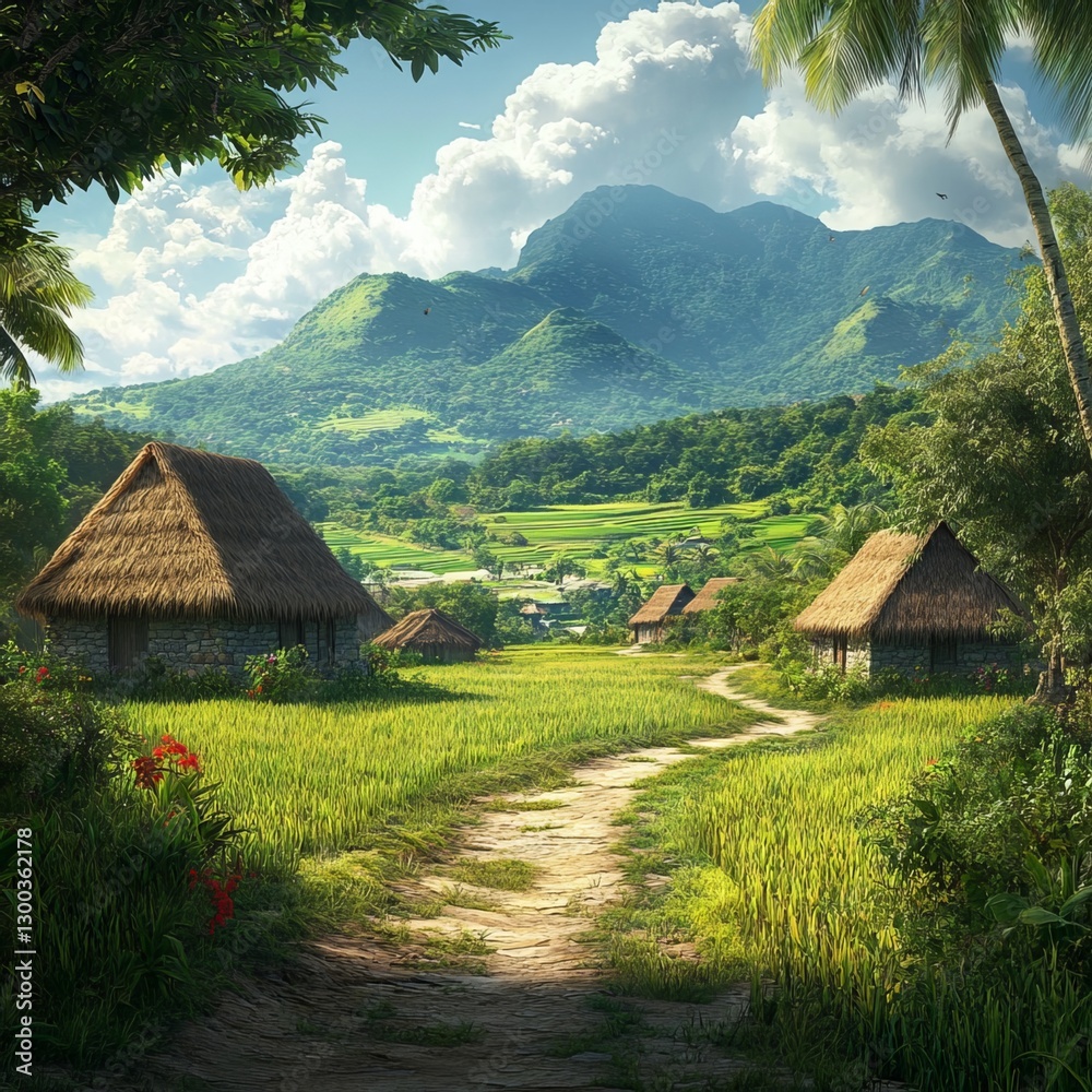 Serene Rural Retreat: A picturesque scene of traditional houses nestled amid lush greenery, with a winding path leading towards majestic mountains, evoking tranquility and a deep connection to nature.
