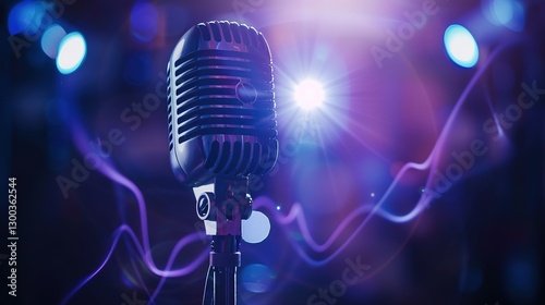 Vintage microphone with glowing sound wave symbolizing voice technology, set against dark background with copy space. Concept of audio innovation and communication.