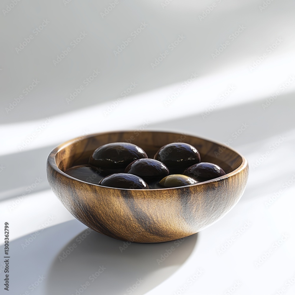 Olive's Elegant Display: A stunning wooden bowl is the centerpiece, exquisitely showcasing a cluster of luscious olives, radiating natural light and a touch of culinary artistry.