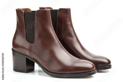 Stylish leather Chelsea boots with block heels, isolated on a clean white background, showcasing their modern design and versatility for both casual and formal wear.