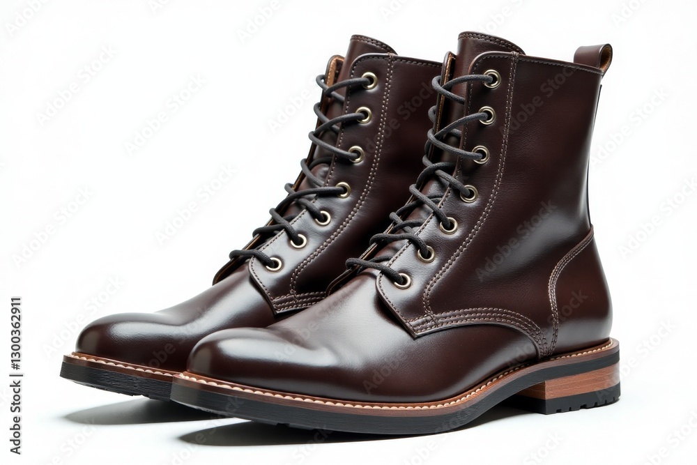 Black leather combat boots with gold eyelets, isolated. Black leather combat boots with gold eyelets, isolated.