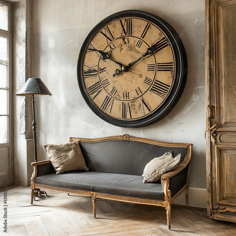 Vintage Timepiece: A classic, antique wall clock with Roman numerals takes center stage above an elegant, traditional sofa in a refined interior space.