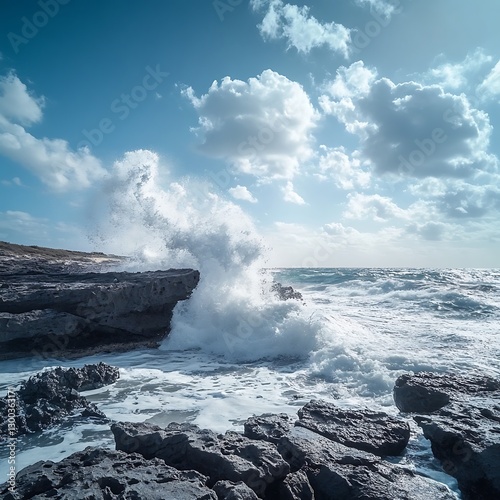Waves crashing rocks, sunny day